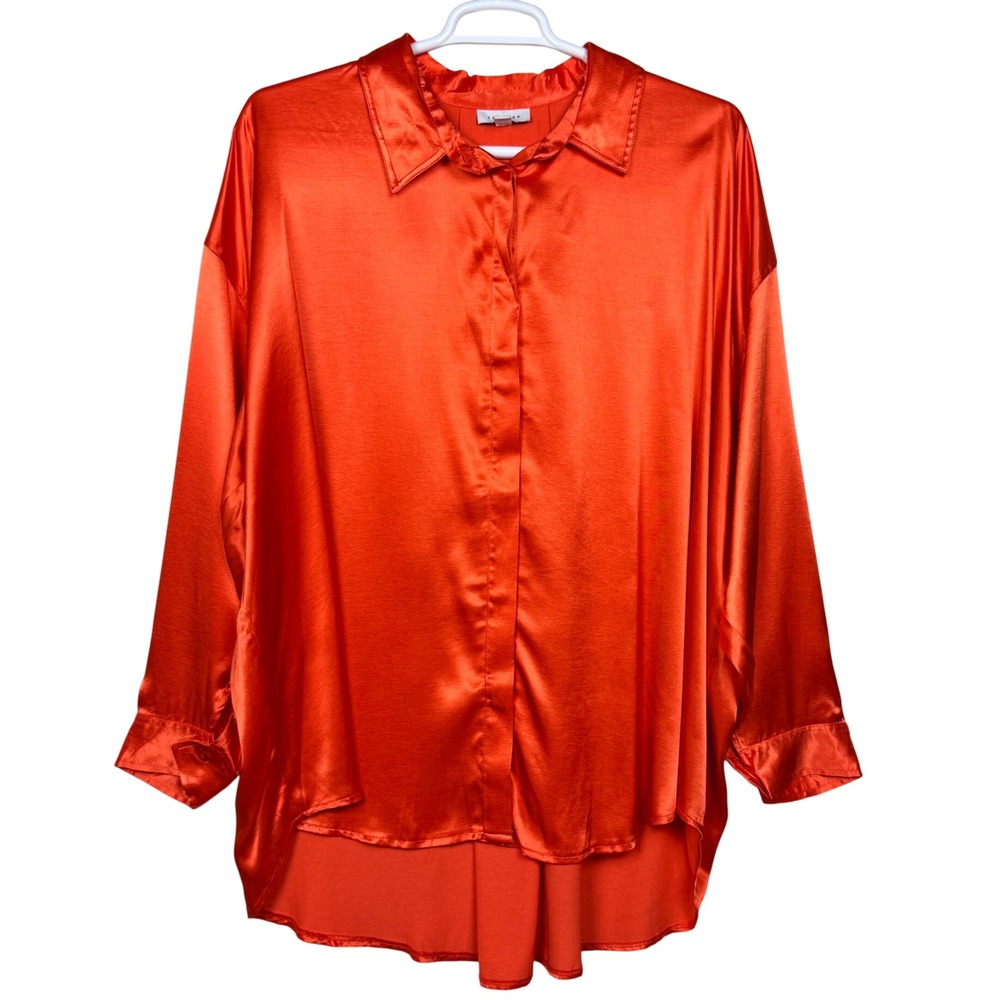 Topshop Womens 14 US Oversized Long Sleeve Button Down Shirt Orange Satin Hi-Lo